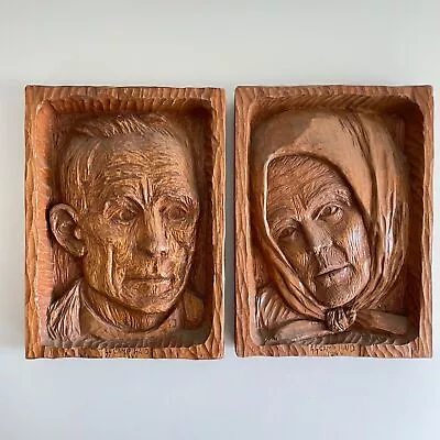 Vintage Wood Carved Man And Woman Wall Plaque Art 1946 DP Camp Haid WWII • $249.99