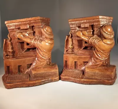 Rare Vintage Religious Monk Operating Printing Press Bookends Set Of 2 • $29.99
