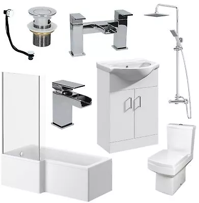 Complete Bathroom Suite L Shaped LH Bath Basin Vanity Unit Toilet Shower Taps • £703.97