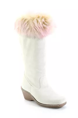 Maxine Of Canada Women's Suede Faux Fur Trim Knee High Wedge Boots White Size 7 • $45.15