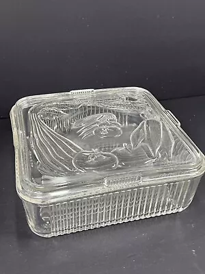 Vtg. Large Federal Glass Clear Ribbed Refrigerator Dish W Veg. Lid Pressed Glass • $19.99