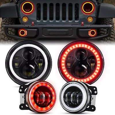 Red Halo 7  LED Headlights +4  Fog Lights Combo Kit For Jeep Wrangler JK 07-18 • $64.59