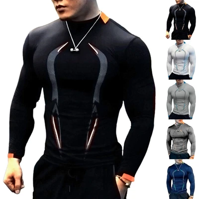 £5.72 • Buy Mens Workout Compression Armour Base Layer Top Long Sleeve Gym Sports T-Shirts