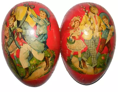 Antique Vtg German Paper Mache Easter Egg Candy Container Dressed Rabbits 5.5  • $49.99