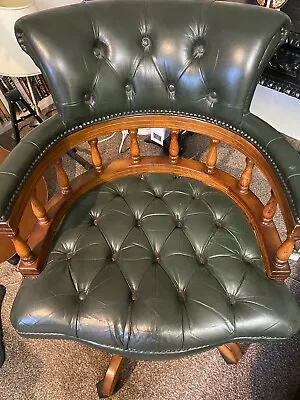£295 • Buy Antique Captains Chair Green Leather Chesterfield Swivel