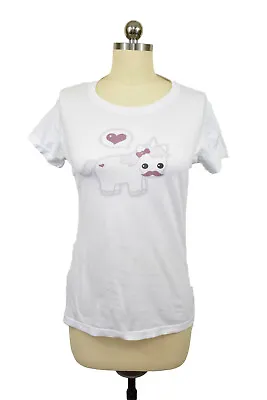 My Little Pony Y2K White Womens T-Shirt Small White Unicorn Mustache Bow Retro • $13.97