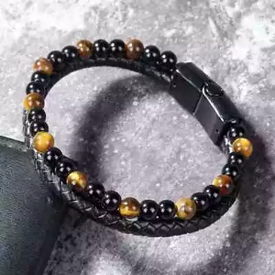 Men's Natural Tiger's Eye Braided Leather Wrap Magnetic Bracelet Clasp Bangle • $12.90