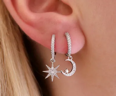 £12.95 • Buy Sterling Silver 925 Diamond CZ Moon Star Huggie Hoop Drop Dangle Earrings