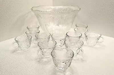 Vintage Indiana Glass Clear Punch Bowl Harvest Grapes Fruit Pattern W/ 12 Cups • $35