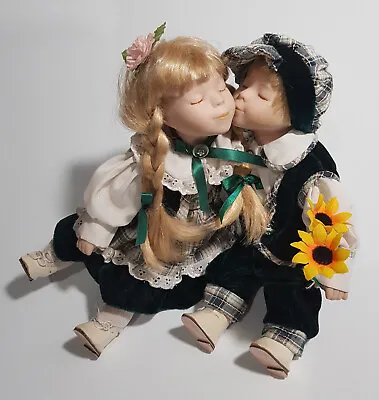 Vintage A Pair Porcelaine Blond 1st Kiss Boy & Girl Kissing Dolls Hard To Find • $110