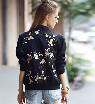 Zara Cherry Blossoms Satin Bomber Sparrow Embroidery Jacket Full Zip Size Small • $42