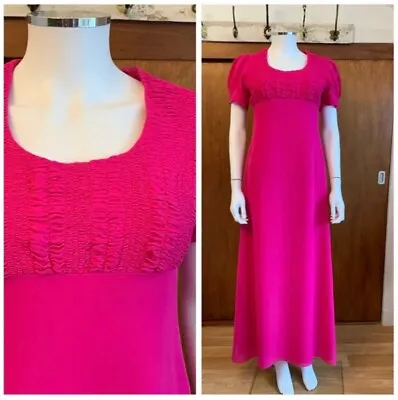 1970’s Vintage Hot Pink Empire Waist Maxi Dress Uk 10 Uk 8 Bridesmaid Party • £40