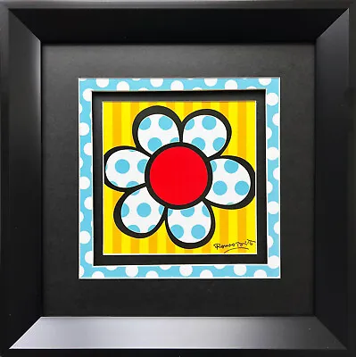 Romero Britto FRAMED  Flower Power  BLACK Frame BLUE Polka Dot CUSTOM Matted Art • $79.99