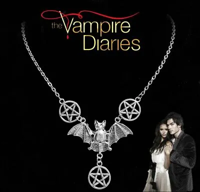 The Vampire Diaries Antique Silver Pentagram Bat-Wing Gothic Pendant & Chain • £8.45