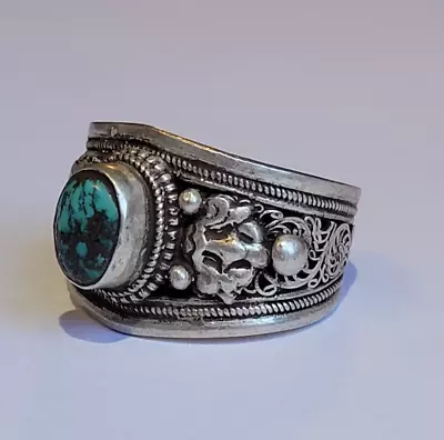 Vintage Large Sterling Silver Ring With Natural Turquoise Stone Wide Band Sz 12 • $58
