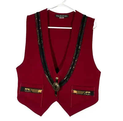 Coloratura Vest Womens M Red 100% Wool Southwestern Conchos Pockets USA • £38