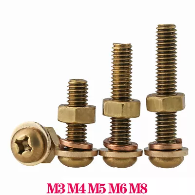 £2.10 • Buy Solid Brass Phillips Pan Head Machine Screws Bolts Washer Hexagon Nuts Set M3~M8