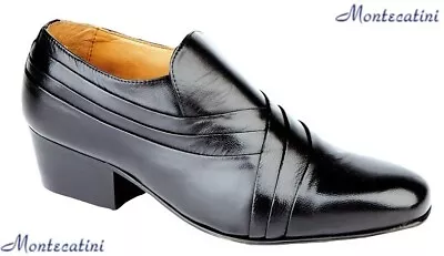 Mens Black Leather Cuban Heel Slip On Pleated Vamp Shoes Montecatini Smart Dress • £38.50