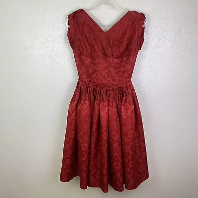 Vintage 50s Red Dress Handmade Jacquard Fabric Full Skirt Sz 8/10 Evening Prom • £35