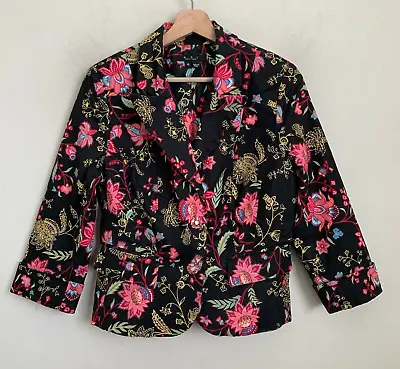 ECI New York Black Jacket Pink Floral Multi 3/4 Sleeve Snap Stretch Lined Sz 10  • $24.95