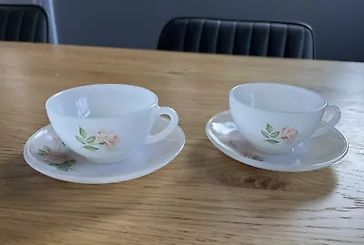 £4 • Buy 2 Vintage French Arcopal Glass Small Coffee Cups & Saucers Rose Design 70s Retro