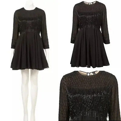 £44.95 • Buy Topshop Black Beaded Fringed Flippy Cocktail Dress Kate Moss Style UK Size 14