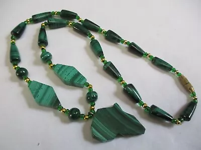 Vintage Teardrop  Green MALACHITE Gemstone Beaded & Carved Pendant  Necklace • $9.99