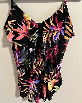 MAGIC SUIT Tanktini Swim Top Black Pink Purple Built In Bra Ruffled Size  10 EUC • $9.99