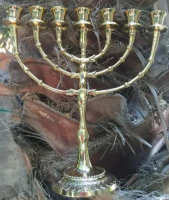 Brass Menorah 7 Israel Copper Antique XL 12  Vintage Candle Holder Judaica • $85