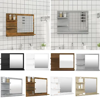 Bathroom Mirror Wall Mounted With 3 Shelves Wood Rectangular • £30.95