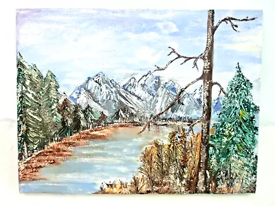 Small Oil Painting On Stretched Canvas Landscape Mountain Snow Caps Lake Trees • $17.97