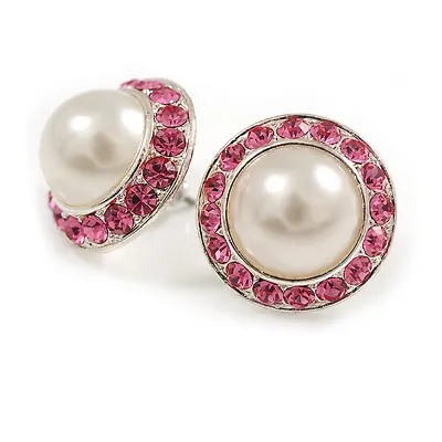 White Faux Pearl Pink Crystal Button Shape Stud Earrings In Silver Tone - 18mm D • £11.90