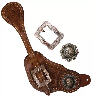 Showman Men's Tooled Leather Spur Straps W/ Copper Praying Cowboy Conchos • $34.95