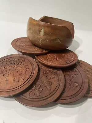 Vintage Unique Set Of 6 Wooden Carved Round Coasters With Holder Brass Inlay. • $14.95
