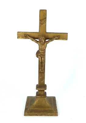 Vintage Cast Metal Standing Crucifix INRI Jesus On Cross Gold Tone 9.5  • $25