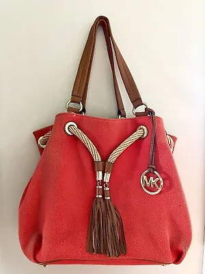 Michael Kors Marina Red Orange Canvas Brown Leather Large Gathered Tote Handbag • $41