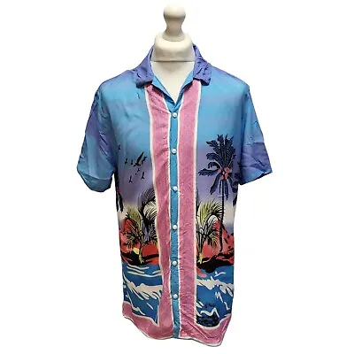 Primark Pink & Blue Palm Tree Print Short Sleeve Hawaiian Shirt UK Men's L • £5.98