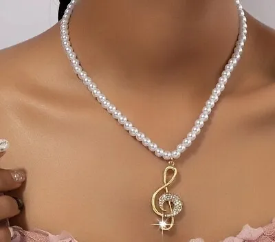 Musical Note Pendant Crystal Pearl Necklace Treble Clef Comes Gift Boxed 734 • £9.50