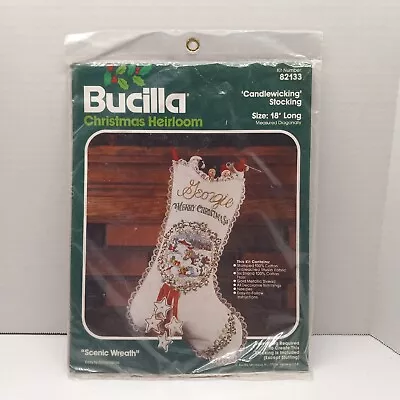 Vtg BUCILLA Scenic Wreath CHRISTMAS CANDLEWICKING STOCKING KIT Needlepoint 82133 • $24.95