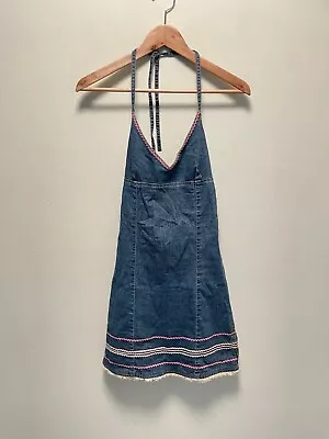 Vintage Guess Juniors Mini Dress Size 3 Denim Halter Embroider Stretch 90s FLAW • $40.39