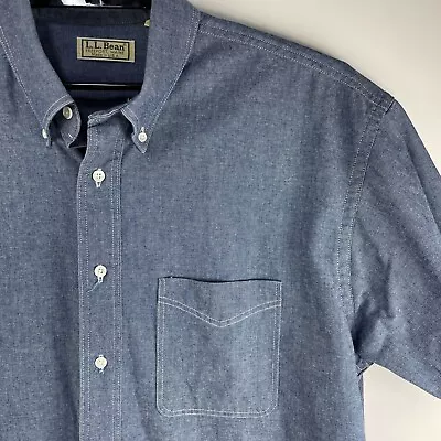 Vintage LL Bean Blue Chambray Utility Short Sleeve Shirt Men's Size L Tall • $29.99