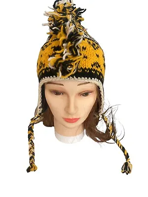 100% Wool Mohawk Hand Knitted Hat Fleece Lined Earflaps 1 Sz Fits Most Nepal New • $12.79