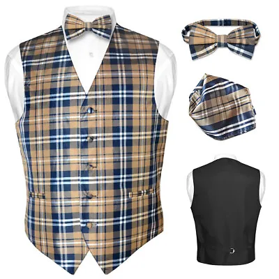 Men's Plaid Design Dress Vest BOWTie Navy BROWN White BOW Tie Hanky Set Suit Tux • $24.95