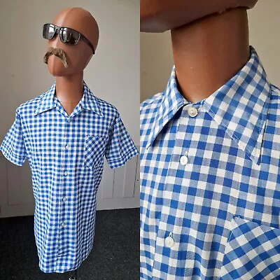 Vintage Happy Dagger Collar Shirt -Large- Blue Gingham Check Mod Disco 70s BJ02 • £10