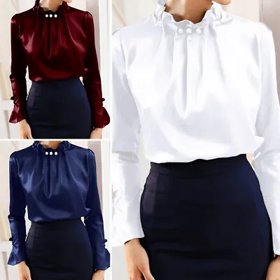 £9.74 • Buy UK Ladies Faux Satin Ruffle Long Sleeve Top Shirt Office Party Blouse Women 8-26