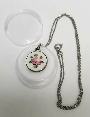 Vintage Miraculous St. Mary Slide Pendant & Chain W/ Guilloche Enamel Pink Rose • $16.75