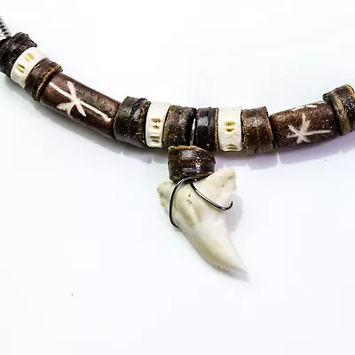 SHARK TOOTH LEATHER CORD NECKLACE FISH VERTEBRAE BEAD AUSTRALIAN SOUVENIR C208 • $13.77