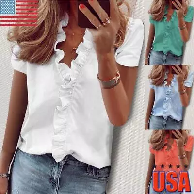 $13.75 • Buy Women Short Sleeve Pullover Blouse Tee Ladies Casual Ruffle V Neck Tops T-Shirts