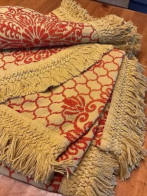 Vintage BATES MCM Retro Brocade Boho Bedspread Fringe Orange Gold Dual King EUC • $175