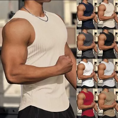 Men Ribbed Sleeveless Basic Solid Fit Tank Vest Tops Muscle Sport Tshirt Size US • $16.58